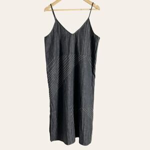 Billy Reid Black Chambray Embroidered Sleeveless V-Neck Striped Dress Size Large
